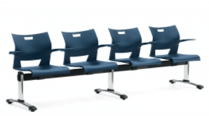 Four blue public waiting chairs with arms, connected by a horizontal beam and supported by chrome legs on a white background.