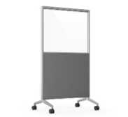 Gray and white mobile office partition with a clear top panel.
