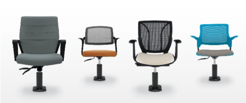 Four office chairs of different designs and colors.