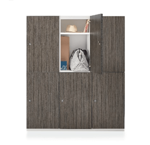 Gray wood-grain lockers with one door open, revealing a shelf with a hat and bag inside.