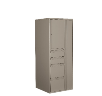 Tan metal storage cabinet with multiple shelves and a long door.