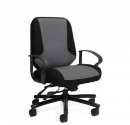 Gray and black office chair with armrests and a five-wheel base.