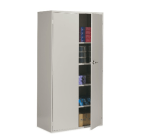 Closed metal storage cabinet with open door showing shelves with various items.