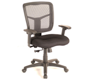 Black mesh-back office chair with adjustable armrests and a cushioned seat.