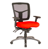 Office chair with red seat and black mesh back.