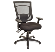 Black ergonomic office chair with mesh back and adjustable arms.
