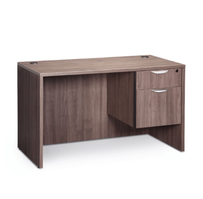Wooden office desk with two drawers and a lock, gray-brown color.
