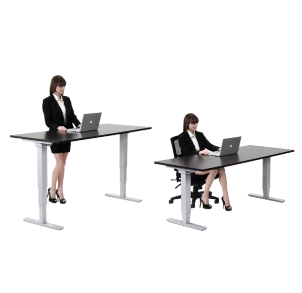 Woman at a sit-stand desk, shown at standing and sitting heights, using a laptop.