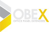 Logo for OBEX, Office Panel Extenders. A geometric design with the name and tagline in gray and yellow.
