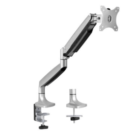 Silver monitor arm with clamp for desk mounting.
