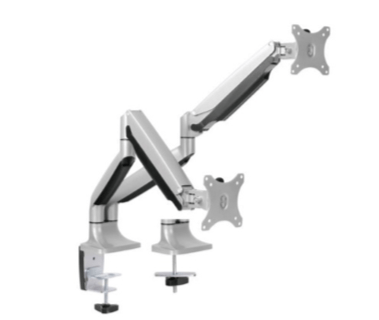 Silver dual monitor arm, clamped to a desk, supporting two screens.