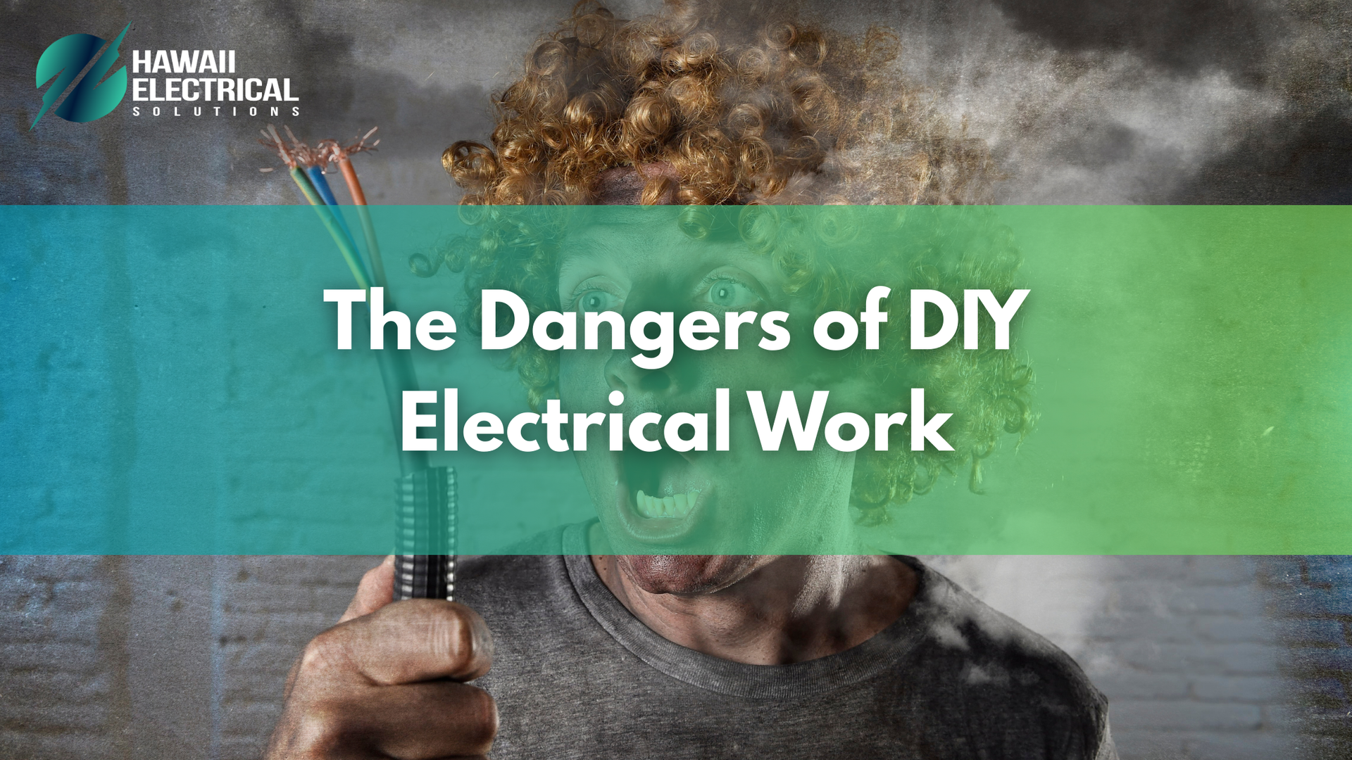 Man experiencing an electrical explosion while holding wires. Text: 