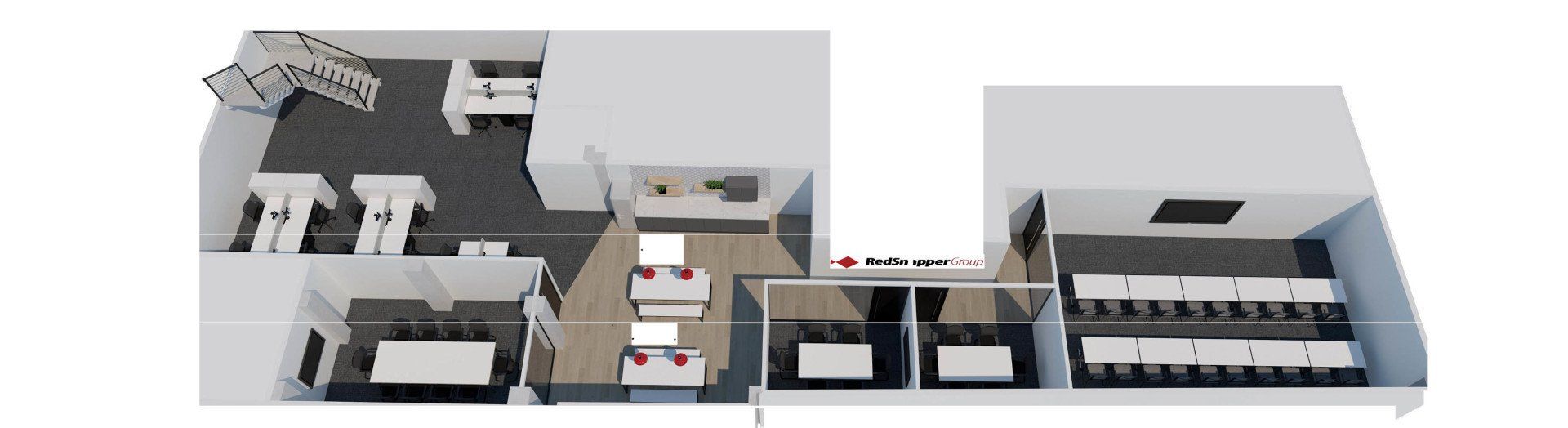 A 3d floor plan of a house with a lot of furniture.