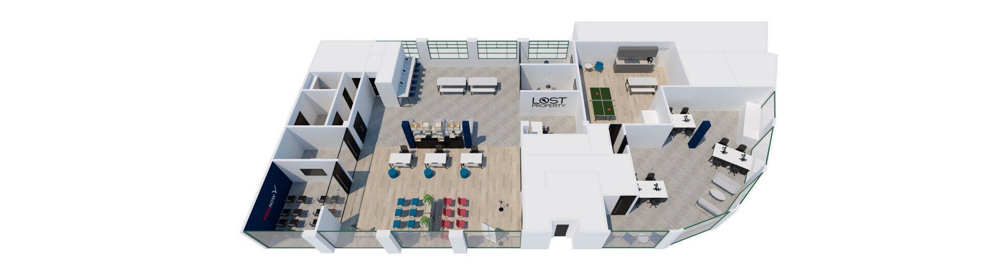 An aerial view of a large room with tables and chairs.