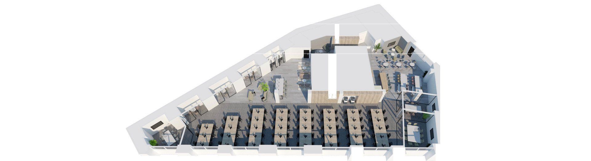 An aerial view of a building with a lot of people in it.