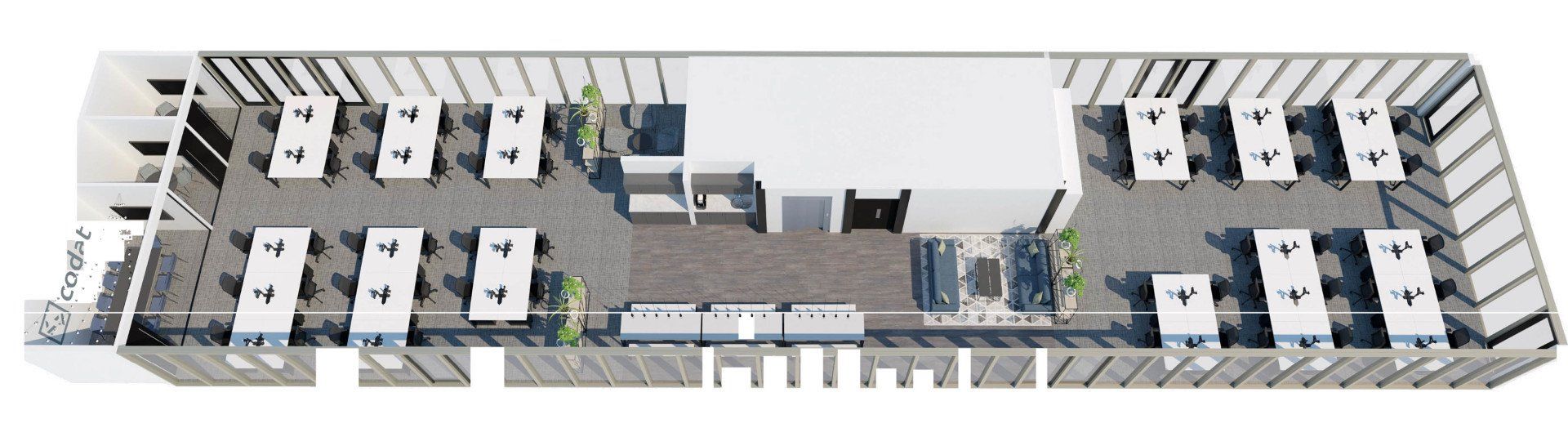 An aerial view of a building with a lot of electrical outlets.