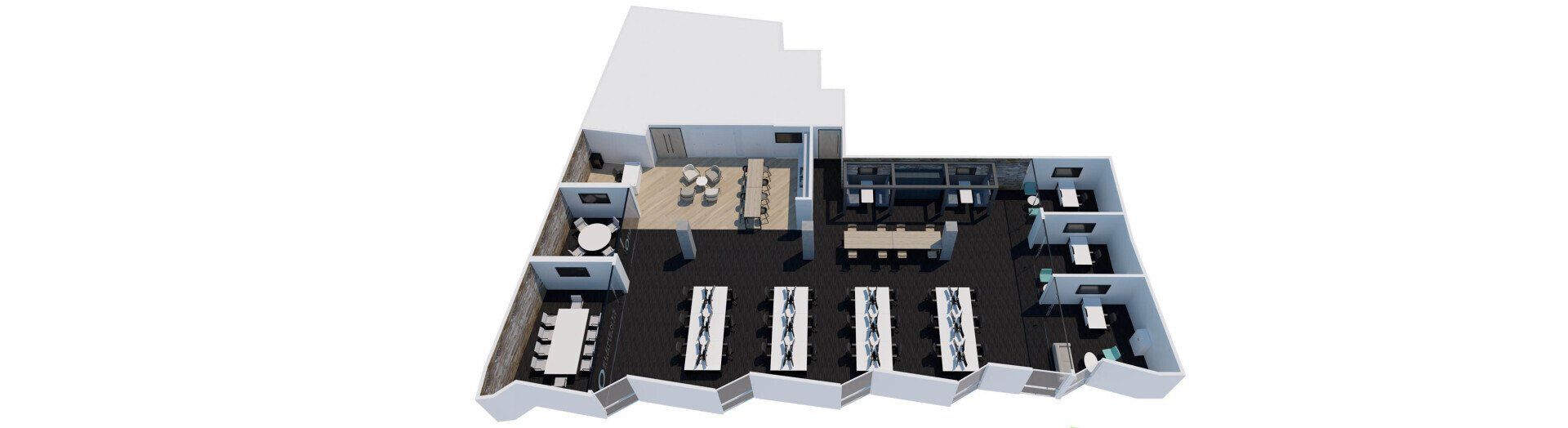 An aerial view of a building with a lot of windows and a lot of furniture.