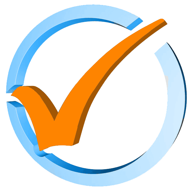 An orange check mark in a blue circle on a white background