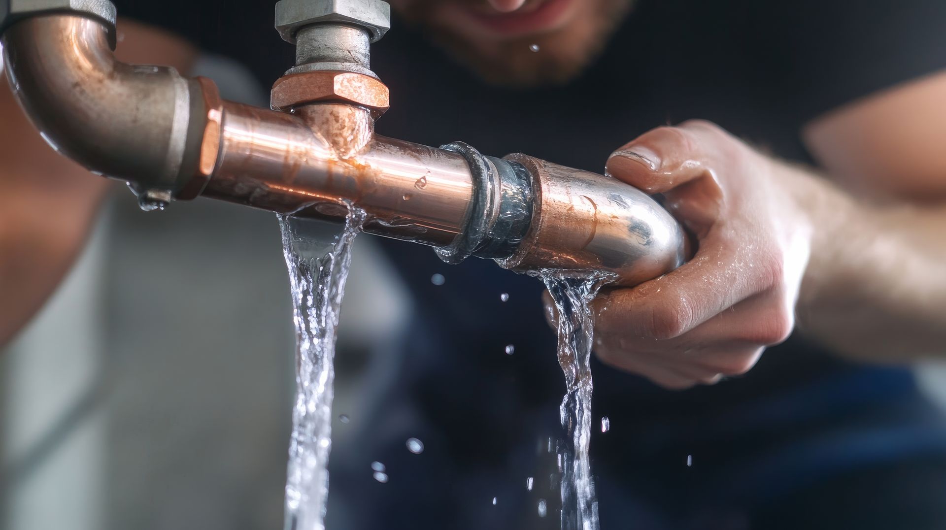 Leaking copper pipe with water flowing out from two joints