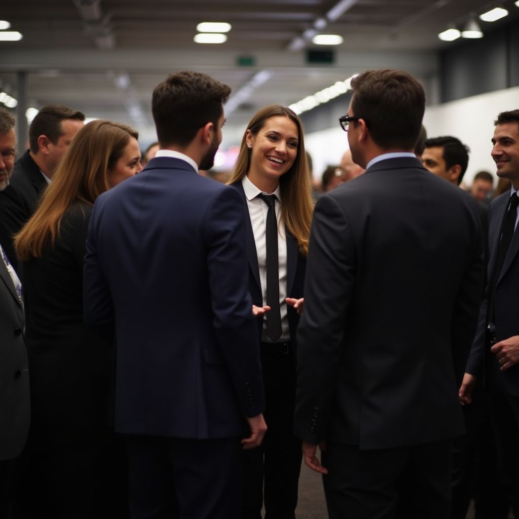 People in suits converse in a brightly lit space; a woman in a tie smiles while talking.