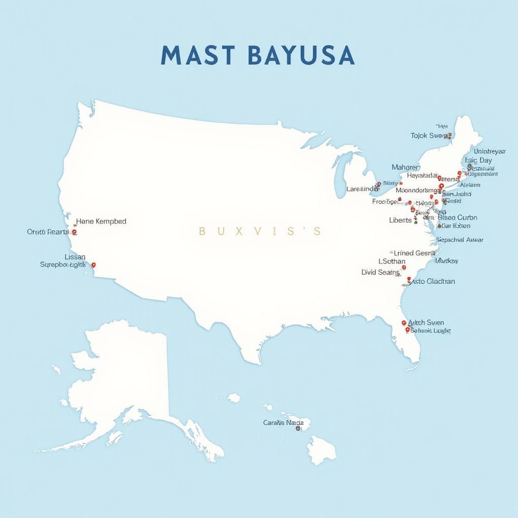 Map of the USA with red dots indicating locations named 