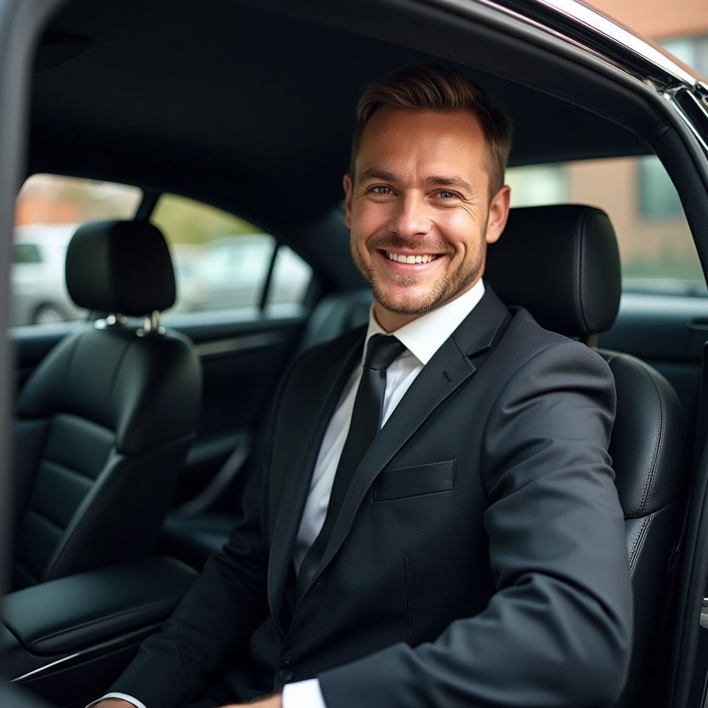 Man in suit smiling in car.