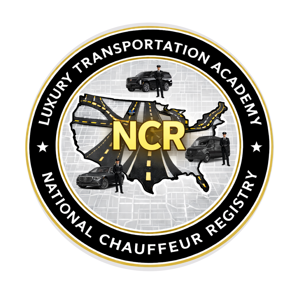 Luxury Transportation Academy logo: map with roads, vehicles, people, and 