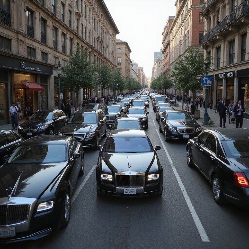 Black car convoy on a city street, possibly for a motorcade. Buildings line both sides.