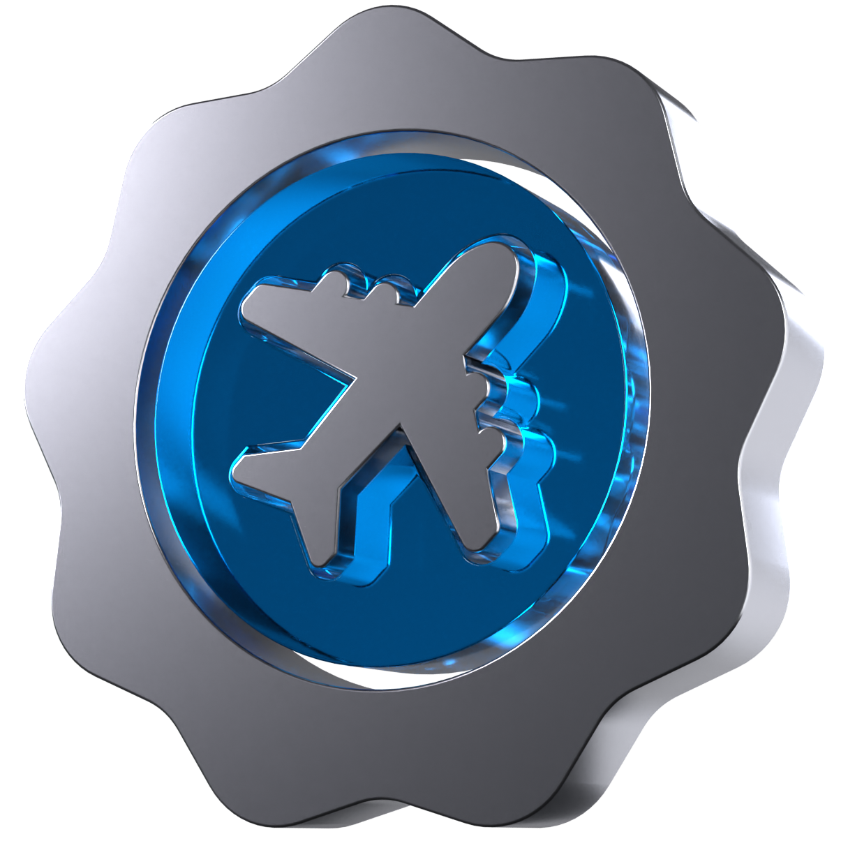A 3D icon of a plane in a badge