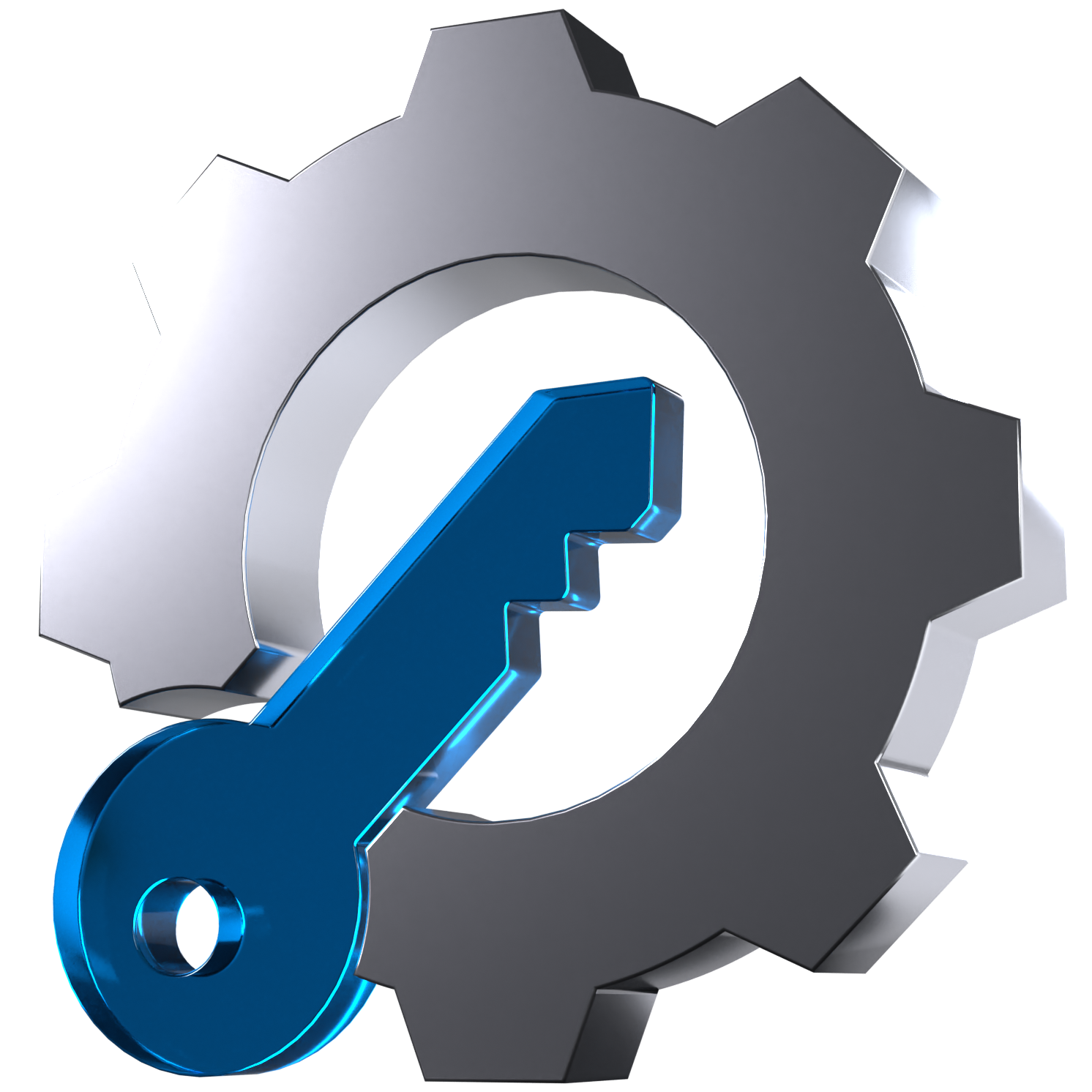 A 3D icon of a gear with a key in the middle