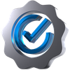 A 3D icon of a checkmark in a badge