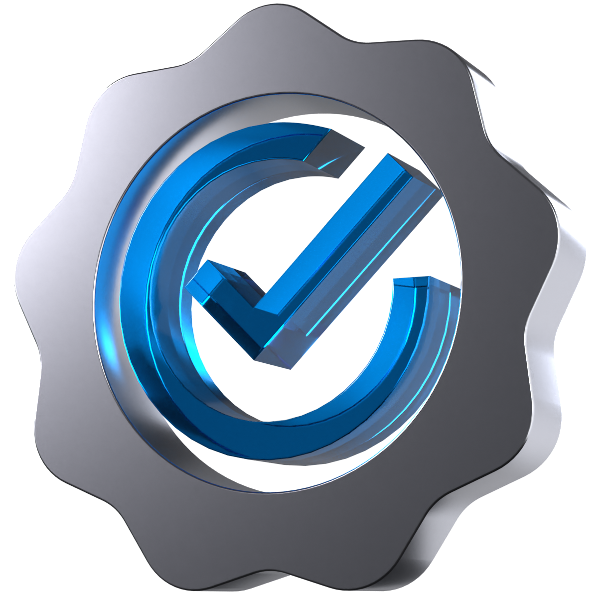 A 3D icon of a checkmark in a badge