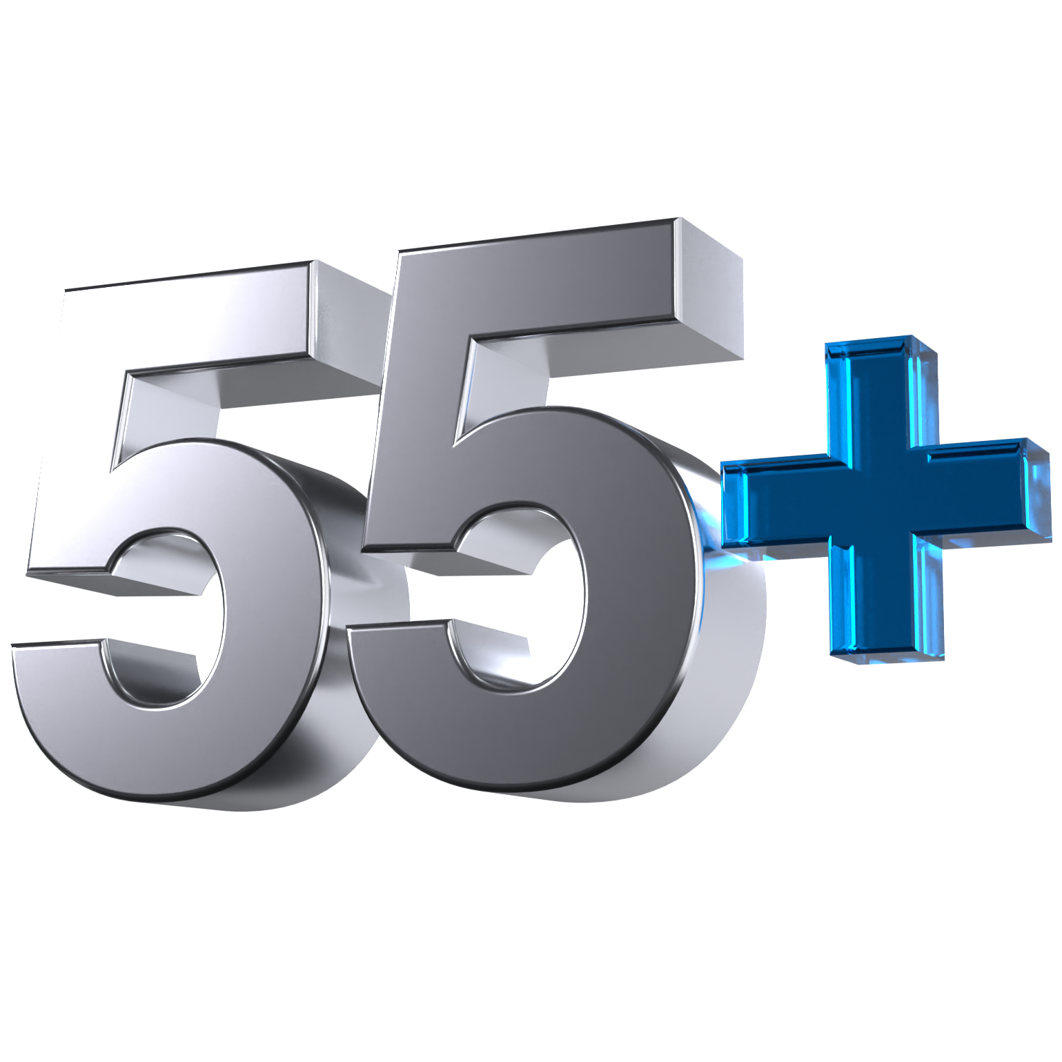 A 3D icon of the number 55 and a plus sign