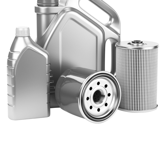 A group of oil cans and filters on a white background. | Wind River Auto & Diesel