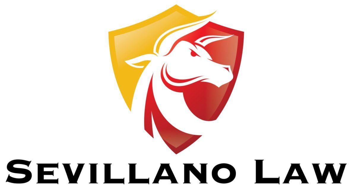 The logo for sevillano law shows a bull on a shield.