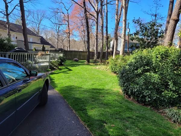 A car is parked in a driveway next to a lush green lawn.