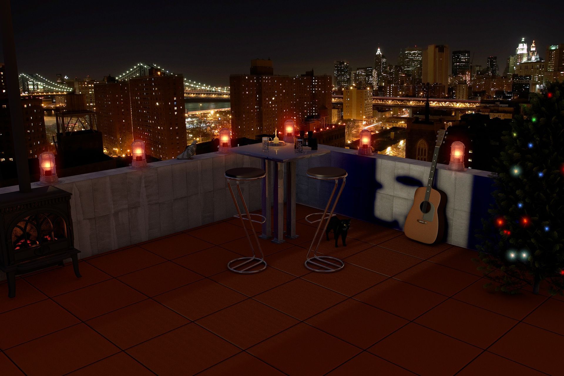 There is a christmas tree and a guitar on the balcony.