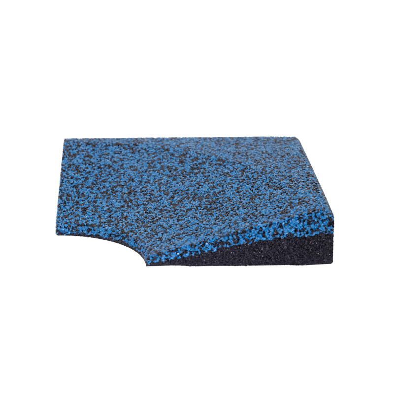 A piece of blue and black rubber on a white background