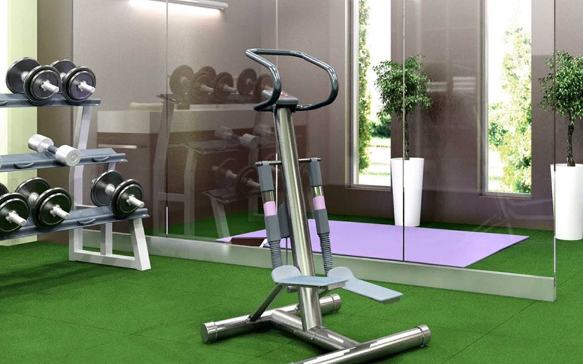 A gym with a treadmill , dumbbells , and a yoga mat.