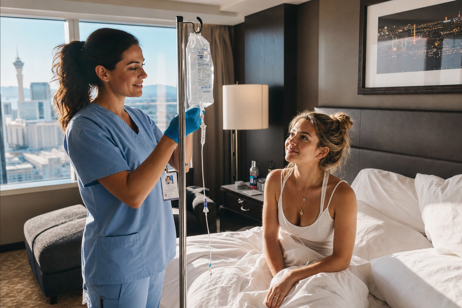 Mobile IV nurse helping a client recover in a Las Vegas hotel room