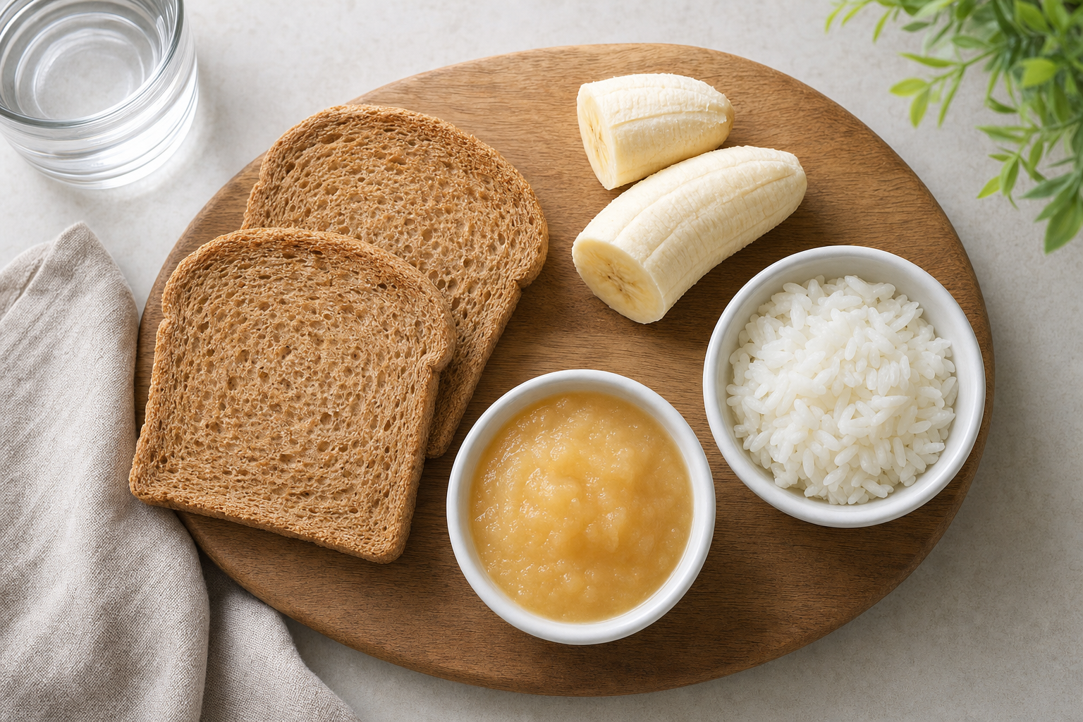 BRAT diet flat lay: bananas, plain rice, applesauce, and toast