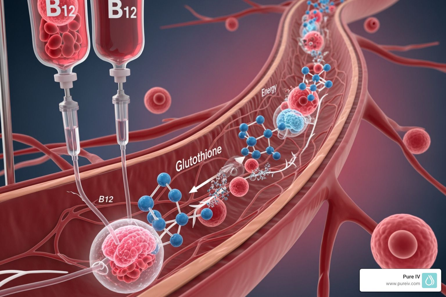 IV drip delivering B12 and glutathione into a blood vessel. Graphic shows molecules and cells in red.