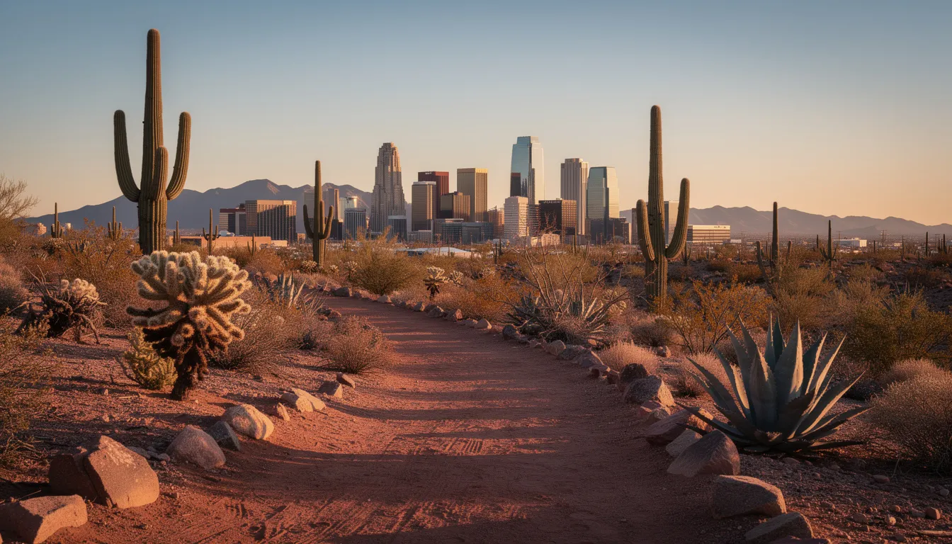 The image depicts a scenic desert landscape featuring a winding hiking trail, with the vibrant Phoenix city skyline visible in the background. This setting highlights the contrast between the natural beauty of the desert and the urban environment, perfect for outdoor enthusiasts seeking adventure and wellness.