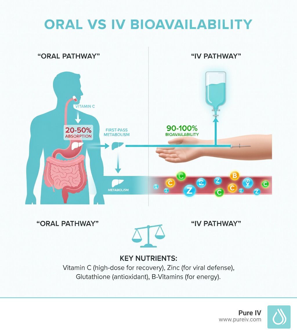 Comparison of oral vs IV bioavailability. Shows absorption rates, with IV pathway near 100%. Key nutrients listed.