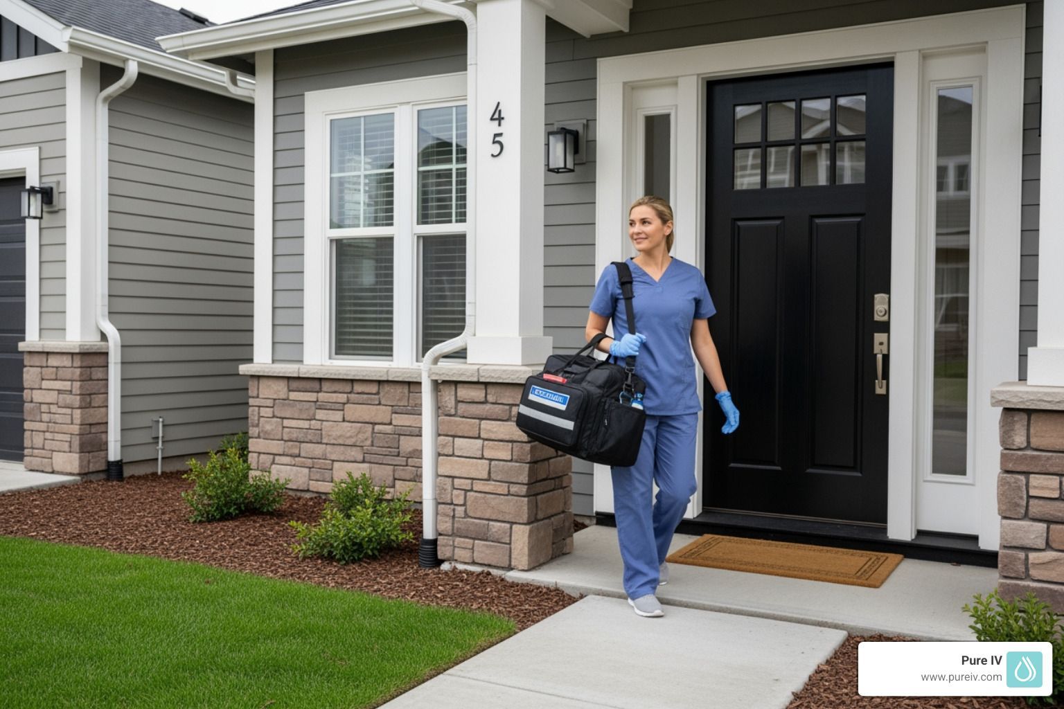 A healthcare professional wearing blue scrubs and gloves carries a medical bag while walking out of a house front door.