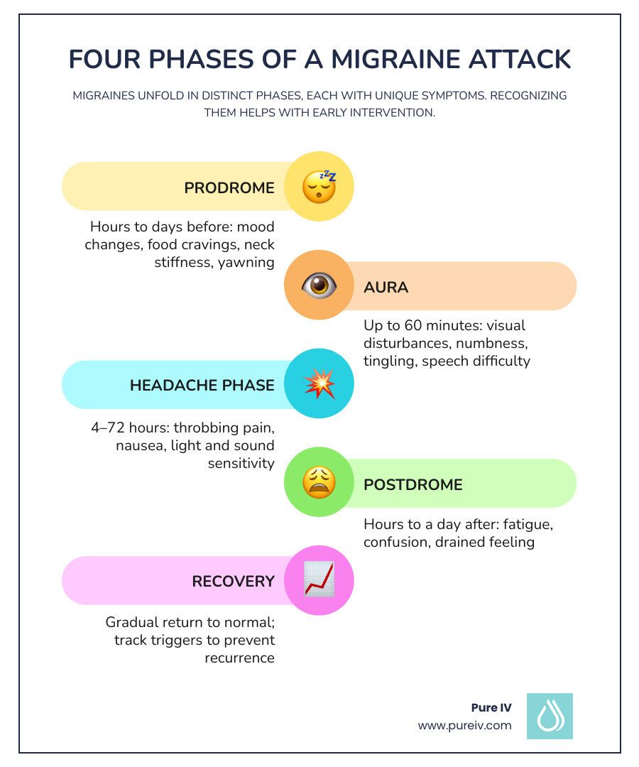 Infographic showing the five phases of a migraine: prodrome, aura, headache, postdrome, and recovery.