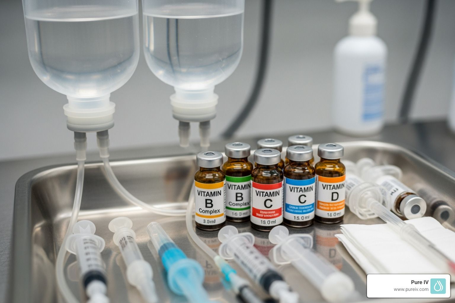 Medical tray featuring IV bags, syringes, and various labeled vitamin vials in a clinical setting.