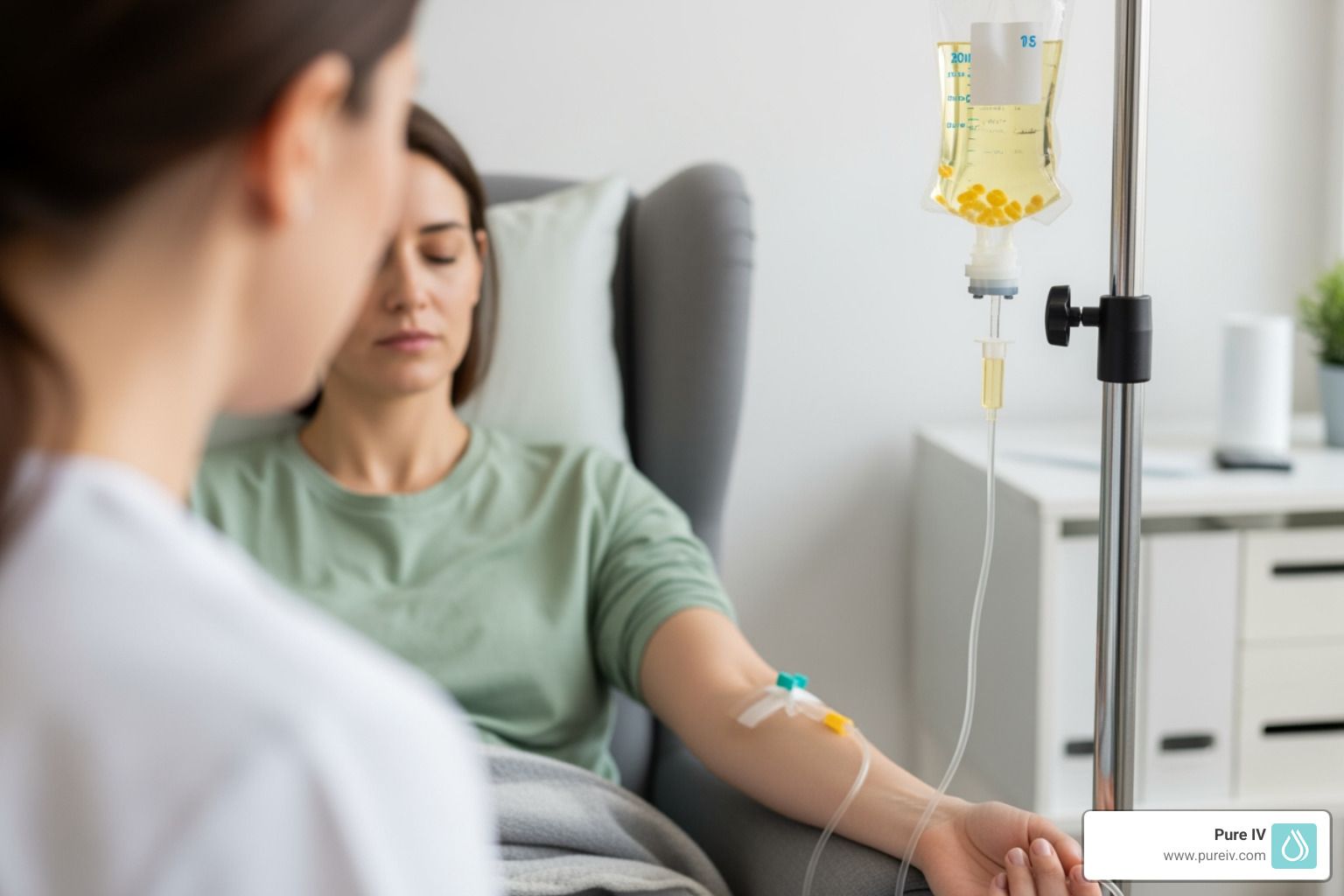 Woman receiving IV infusion in medical setting. Nurse attends.