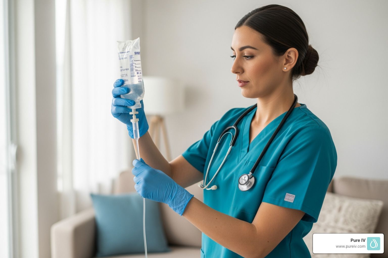 nurse preparing an IV bag for administration - iv treatment at home