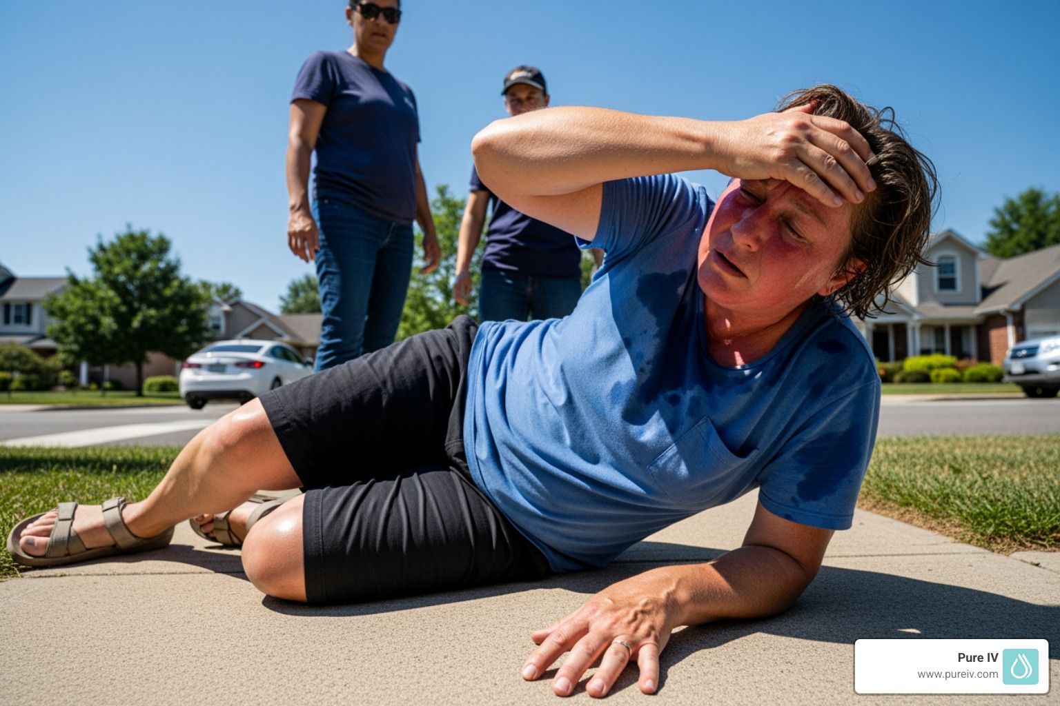 A person sits on a sidewalk, appearing overheated with a hand to their forehead, while two others stand nearby.